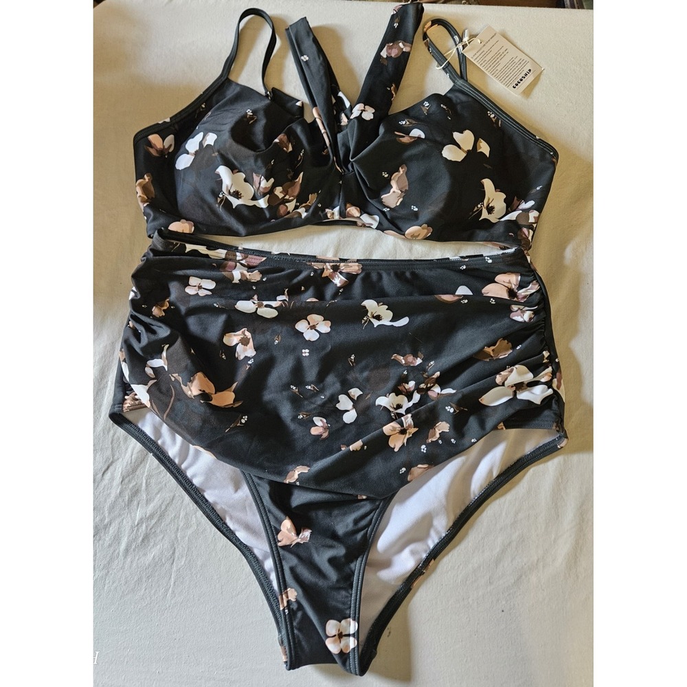 COCOSHIP Women's Size 14 Black Floral High Waist Bikini Swimsuit 2 Piece NWT